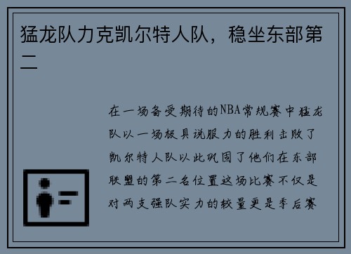 猛龙队力克凯尔特人队，稳坐东部第二