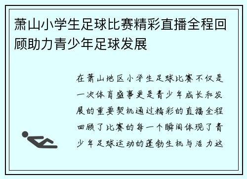 萧山小学生足球比赛精彩直播全程回顾助力青少年足球发展