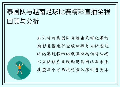 泰国队与越南足球比赛精彩直播全程回顾与分析