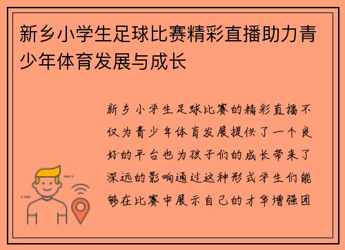 新乡小学生足球比赛精彩直播助力青少年体育发展与成长